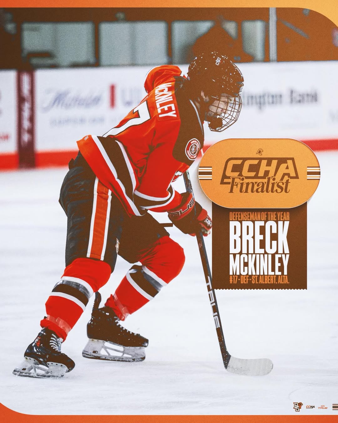 Breck McKinley skating during NCAA play with CCHA finalist recognition graphic